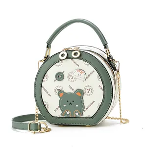 Sac bandoulière rond vert élégant avec motif d'ours mignon et chaîne dorée