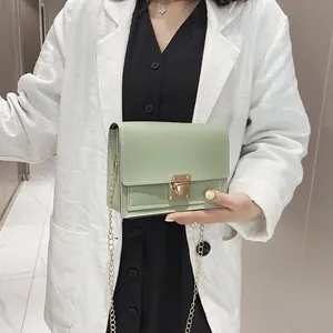 Detail view of light green small square bag with gold chain strap and insert lock