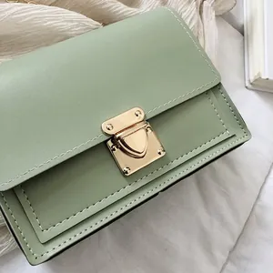 Detailed view of a sage green square crossbody bag featuring a shiny gold insert lock detail