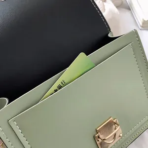 Close-up detail of the interior pocket and gold lock of a light green small crossbody bag