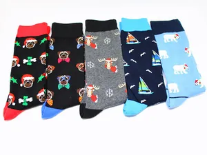 Set of five colorful Christmas themed crew socks with cute cartoon animal patterns