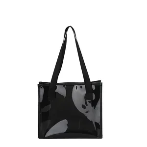 Large capacity black transparent jelly tote bag with durable nylon shoulder straps for women