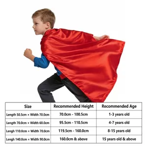 Tabla de tallas detallada para capa de superhéroe infantil con sugerencias de edad.