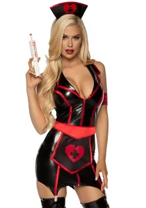 Sexy nurse costume in black PVC with red heart detail for Halloween roleplay parties.