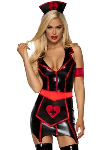 Detailed view of sexy black latex nurse costume with red heart trim and headpiece