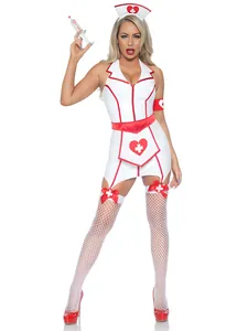 Detailed full body shot of a sexy nurse costume with red cross for Halloween party