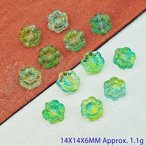 Detailed view of 14mm green sunflower glazed glass beads for DIY jewelry making