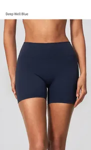 Close-up of high-waist yoga shorts in deep blue, showcasing the tight fit and smooth fabric.