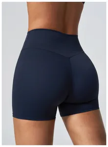 Detail rear view of navy blue high-waisted nude-feel yoga shorts for women's fitness gear