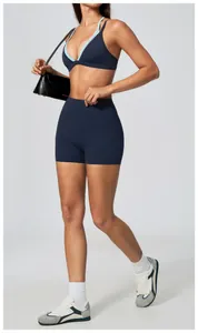 Close-up detail of navy blue high-waisted yoga shorts for women fitness lifestyle