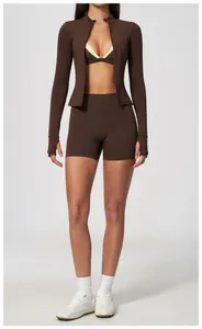 Professional women's brown high-waisted yoga shorts and zip-up jacket sports set