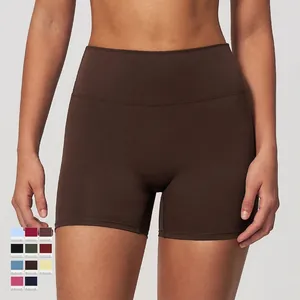 High-waist brown yoga shorts for women featuring quick-dry and naked-feel fabric