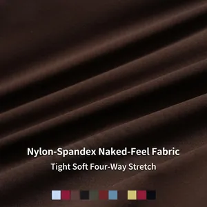 Naked feel yoga shorts fabric detail showing brown color and four-way stretch texture.