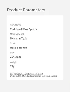 Spécifications pour spatule en teck faite main taille 25x3,8cm poids 19g