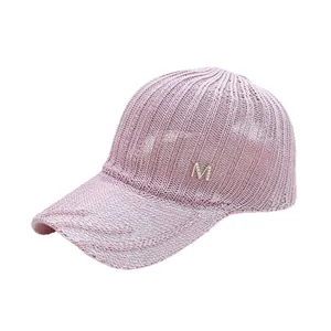 Stylish pink knitted mesh baseball cap for women featuring a gold metal M logo detail
