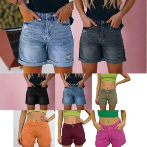 Women High Waist Frayed Denim Shorts Distressed Ripped Jean Shorts With Rolled Hem Summer Casual Fashion Bottoms