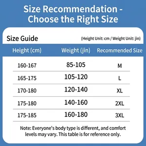 Size recommendation chart with height and weight guide for men's durable work shirt jacket