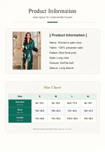 Size chart and detailed product specifications for women's green floral print satin robe