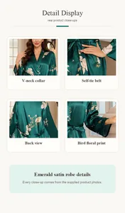 Detailed view of luxury emerald green satin bathrobe featuring bird floral print and V-neck