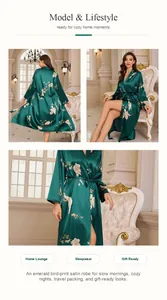 Elegant emerald green bird-print satin robe for luxury home lounging and sleepwear