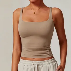 Camiseta de yoga ajustada de secado rápido para mujer en caqui, chaleco deportivo