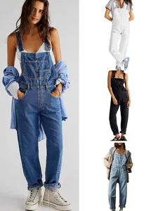 Women Denim Overalls Jumpsuit Cotton Adjustable Straps Multi Pockets Straight Leg Casual Retro Fashion Pants