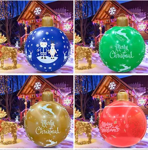 Collage of large inflatable Christmas balls in blue green gold and red for outdoor decor