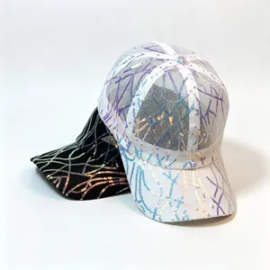 Detailed view of sequin mesh breathable baseball caps in black and white stylish colors