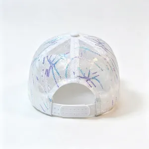 Detailed rear view of a white mesh baseball cap with vibrant sparkling sequin patterns