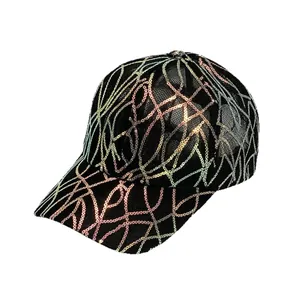 Stylish black mesh baseball cap with iridescent sequin abstract swirl patterns