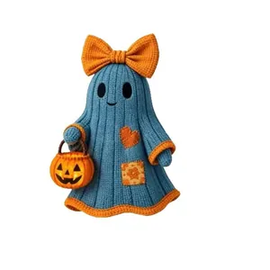 Figurine de fantôme bleu au crochet avec panier citrouille pour la déco d'Halloween