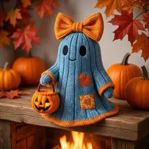 Gros plan d'une figurine fantôme d'Halloween en tricot bleu avec un nœud et panier citrouille