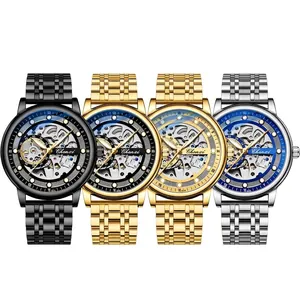 Four assorted skeleton mechanical watches for men with stainless steel straps