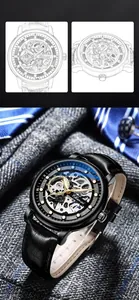 Detailed view of Chenxi men's automatic skeleton mechanical watch with leather strap