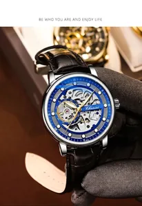 Detailed view of a Chenxi men's skeleton automatic mechanical watch with a blue dial.