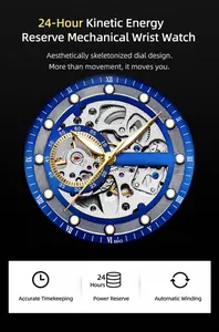 Detailed macro view of Chenxi men's automatic mechanical watch with skeleton blue dial