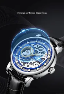 Macro view of the mineral-reinforced glass mirror on the skeleton mechanical watch