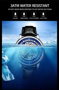 Skeleton automatic mechanical watch detail showing waterproof performance in water