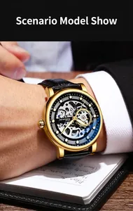 Detail of luxury mens gold skeleton automatic mechanical watch with black leather strap