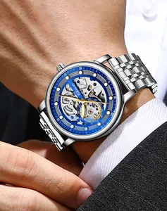 Close-up detail of Chenxi men's skeleton automatic mechanical watch with a blue dial