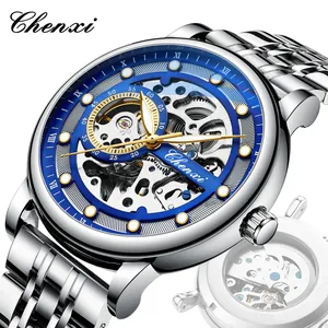 Chenxi men's skeleton automatic mechanical watch with blue dial and silver steel band