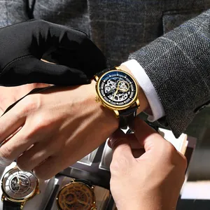 Professional Chenxi men's gold skeleton automatic mechanical watch with black leather strap