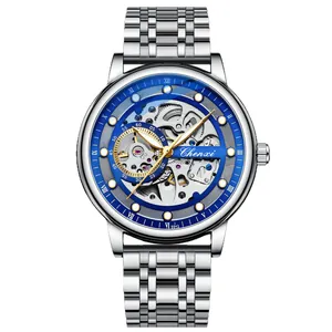 Chenxi men's automatic mechanical skeleton watch with blue dial and Roman numerals