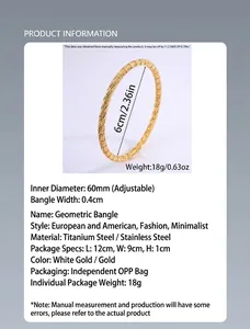 Detailed product information for a 60mm gold titanium steel textured bangle with weight