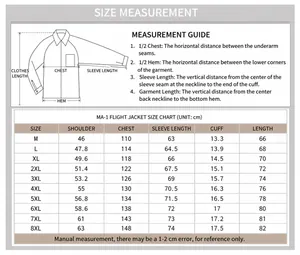 Size chart and measurement guide for men's MA-1 flight jacket with sizes ranging from M to 8XL
