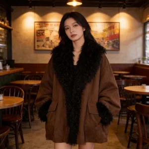 Veste Vintage en Suédine pour Femmes Avec Col en Fausse Fourrure Marron Manches Longues Manteau d'Hiver Chaud