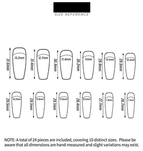 Detailed size guide for 24-piece medium-long press-on nail set in mm
