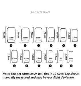 Detailed size chart for 24pcs press-on nails showing specific lengths and widths in mm.