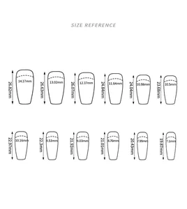 Size chart showing dimensions for 24 pieces of long ballerina shaped press-on nails.
