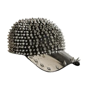Punk style baseball cap fully covered in silver metallic spikes on white background